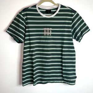 Huf Embroidered Green White Stiped Short Sleeve T-shirt